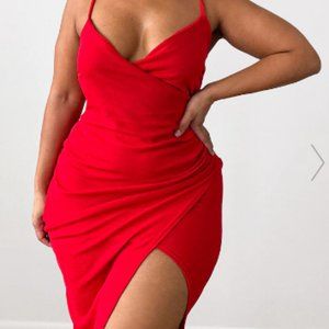 PLT- Plus Lauriell Red Wrap Front Crepe Midi Dress